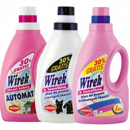 Гель концентрат Wirek для стирки черных и темных тканей 1л Гель концентрат Wirek для стирки цветных тканей 1л Гель для стирки шерсти, шелка, хлопковых тканей 1л