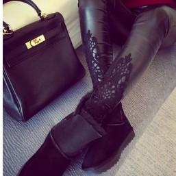 Женские леггинсы-лосины кожа-кружево