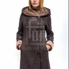 Комбинированная дубленка из натуральной овчины с капюшоном